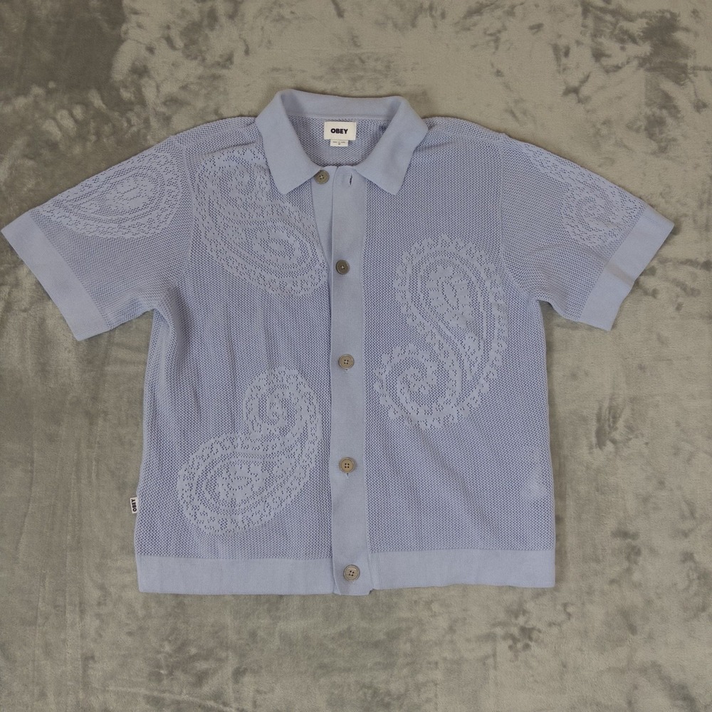 OBEY Cardigan Open Knit Mens Large Short Sleeve Button Down Summer Resort